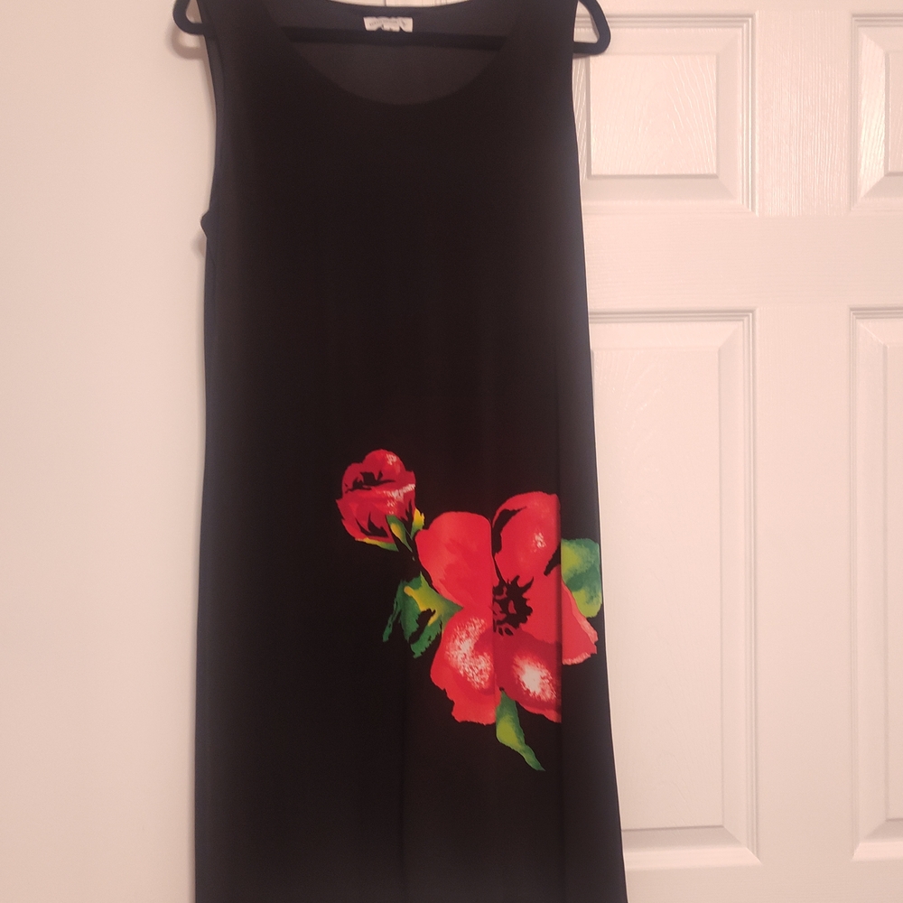Susan Graver Women's Black No Sleeve Dress with Red and Green Floral Accent.